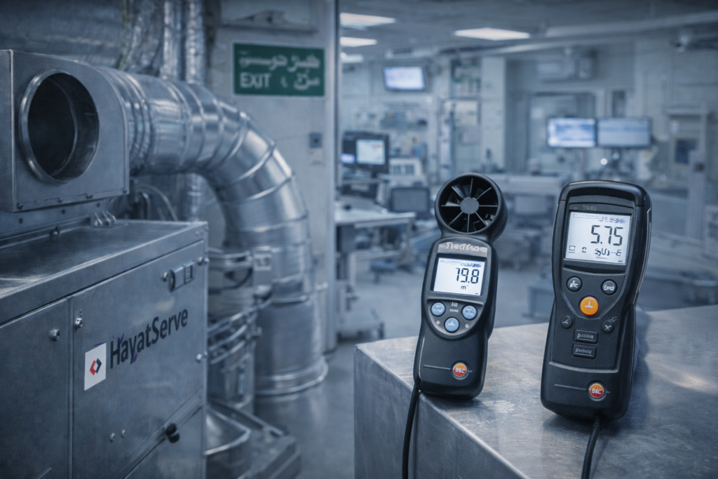 alt="HVAC diagnostic equipment and duct inspection during preventive maintenance in Riyadh facility"