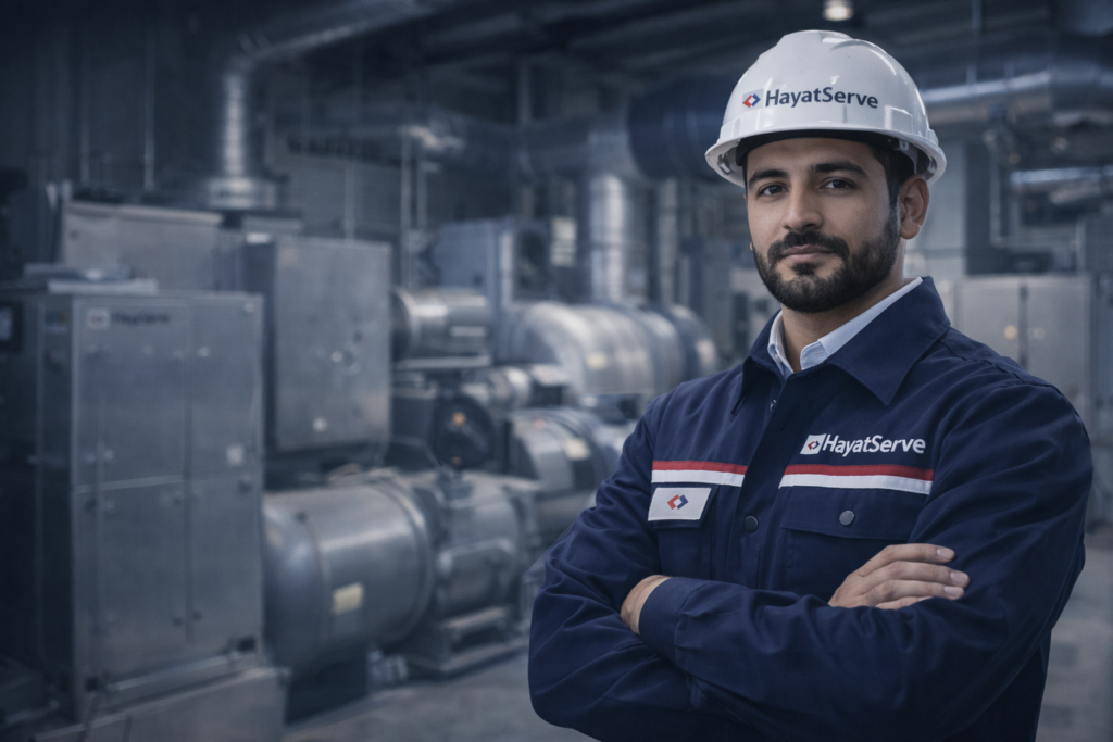 alt="certified HVAC maintenance technician inspecting chiller equipment in Riyadh commercial facility"